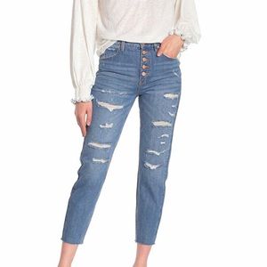 We The Free High Rise Button Fly Distressed Straight Leg Jeans, Size 26, Blue